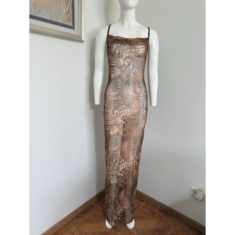 Maxi Dress Cover Up Mesh Brown Leopard Print Size 2 Spaghetti Strap Summer Dress